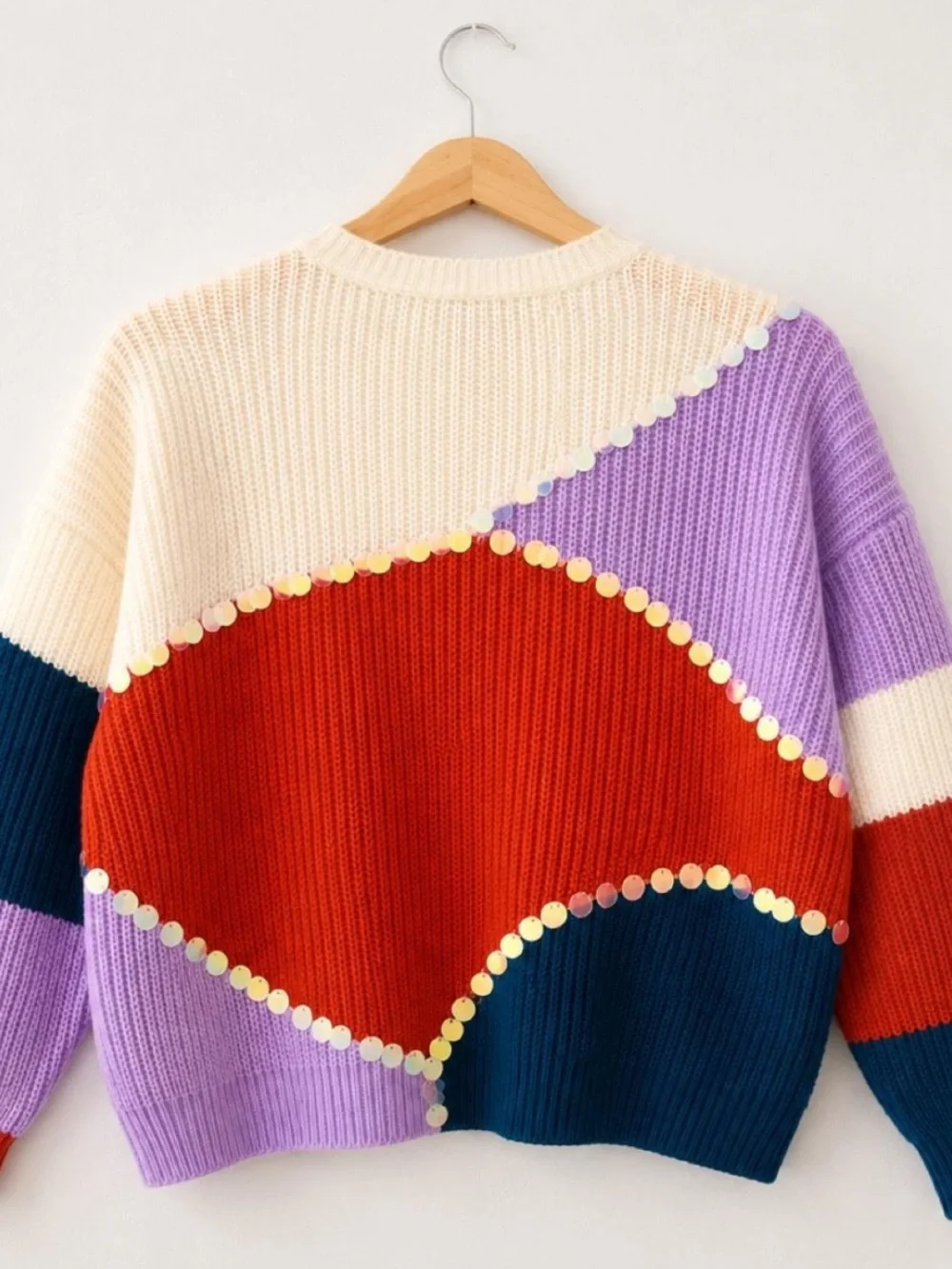 NWT Entro Lightweight Colorblock Sequin Trim Crewneck Sweater